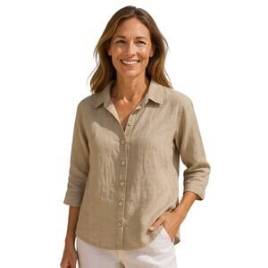 FLAX Women's 100% Linen Button Up Shirt Beige Khaki Size Small